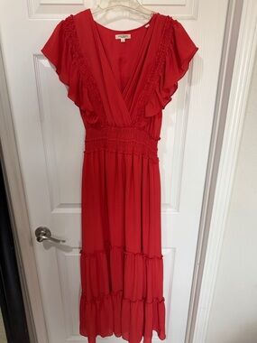 Max Studio Red Ruffle Sleeve Maxi Dress